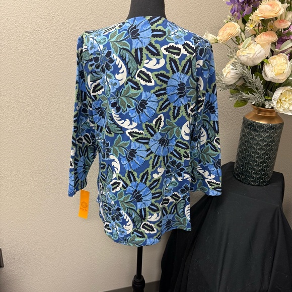 NWT Ruby Rd. Blue Floral Print Beaded Tunic Top L 3/4 Sleeve Cotton Blend Resort - Picture 4 of 11
